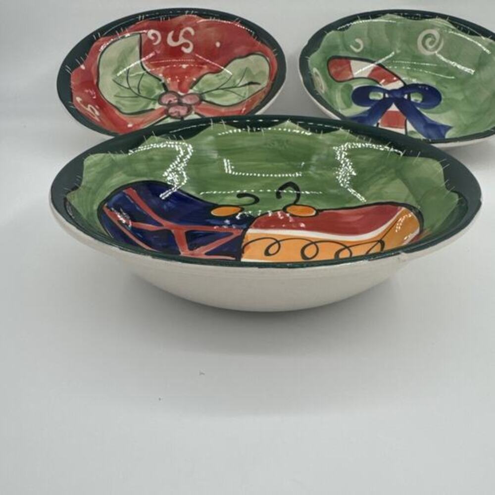 Holiday Bowls 3 Total Studio 33 Christmas 8.5" Hand Painted‎ Microwave Safe